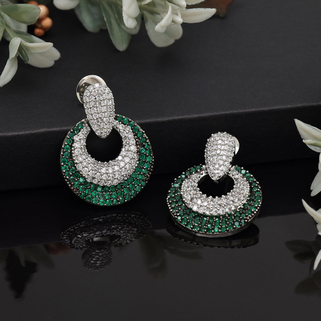 Green Hoop Earrings with American Diamond