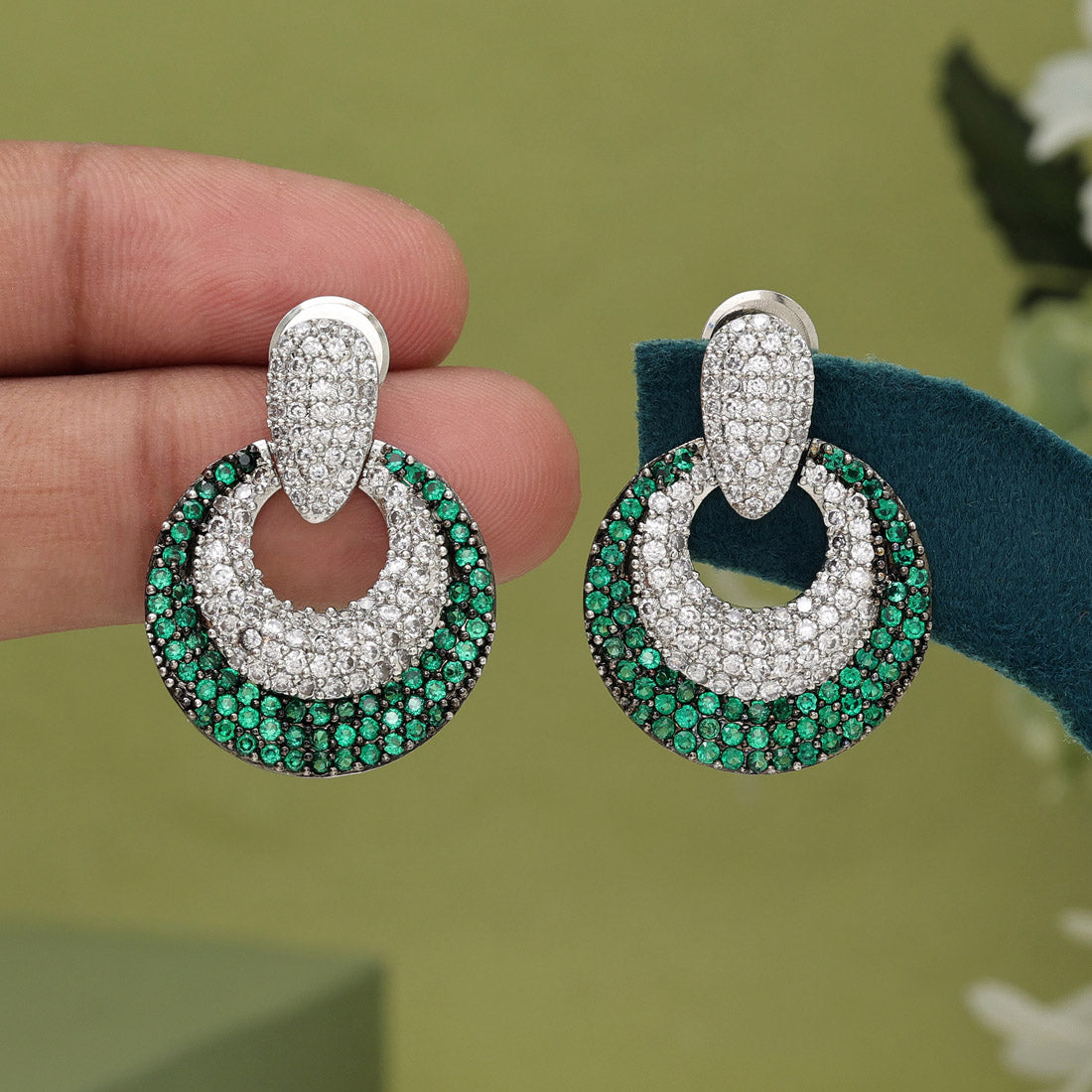 Green Hoop Earrings with American Diamond